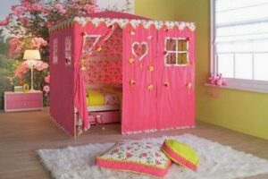 Pink-kids-room-beds-idea-with-nice-tents-by-Life-time